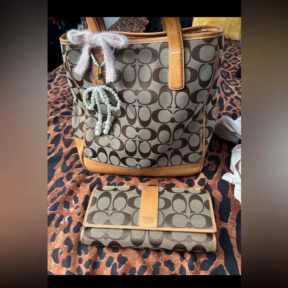 Coach Brown and Tan Signature Backpack and Wallet Set